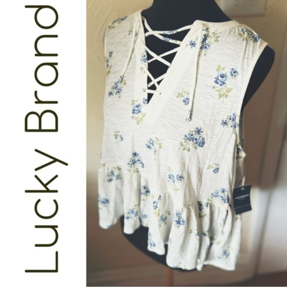 Lucky Brand Floral Lace-Up Tank - White and Blue